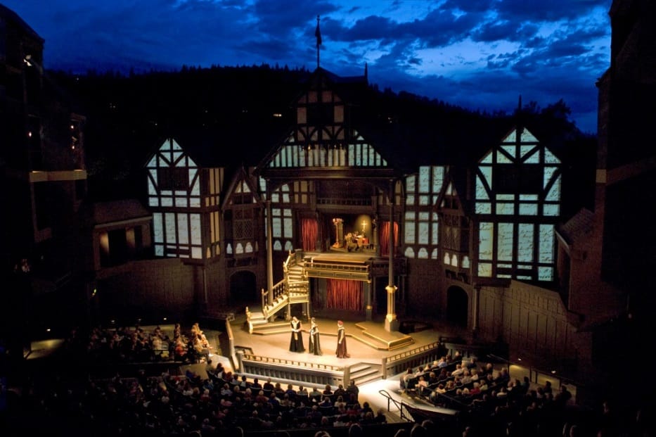 Patrons enjoying a play under the stars at the Elizabethan Theatre at the Oregon Shakespeare Festival, one of the best summer events in Aslhand Oregon